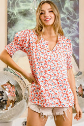 BiBi Floral Jqd Smoked Puff Sleeves V Neck Top OutfitFlow